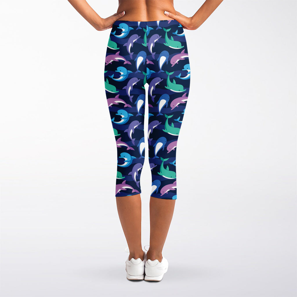 Colorful Dolphin Pattern Print Women's Capri Leggings
