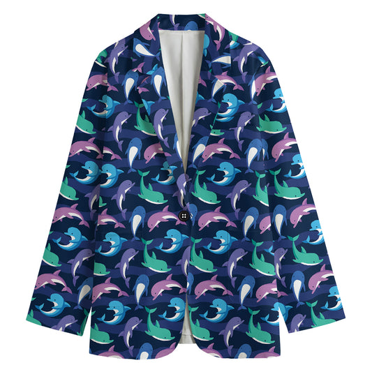 Colorful Dolphin Pattern Print Women's Cotton Blazer