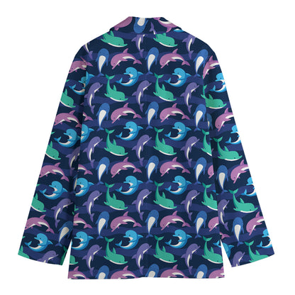 Colorful Dolphin Pattern Print Women's Cotton Blazer