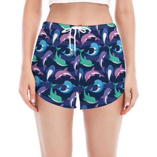 Colorful Dolphin Pattern Print Women's Split Running Shorts
