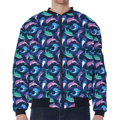 Colorful Dolphin Pattern Print Zip Sleeve Bomber Jacket