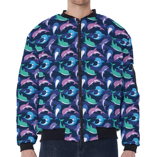 Colorful Dolphin Pattern Print Zip Sleeve Bomber Jacket