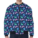 Colorful Dolphin Pattern Print Zip Sleeve Bomber Jacket