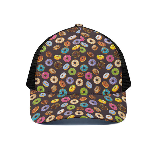 Colorful Donut Pattern Print Black Mesh Trucker Cap