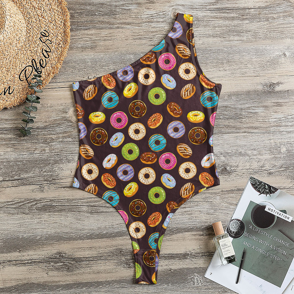 Colorful Donut Pattern Print One Shoulder Bodysuit