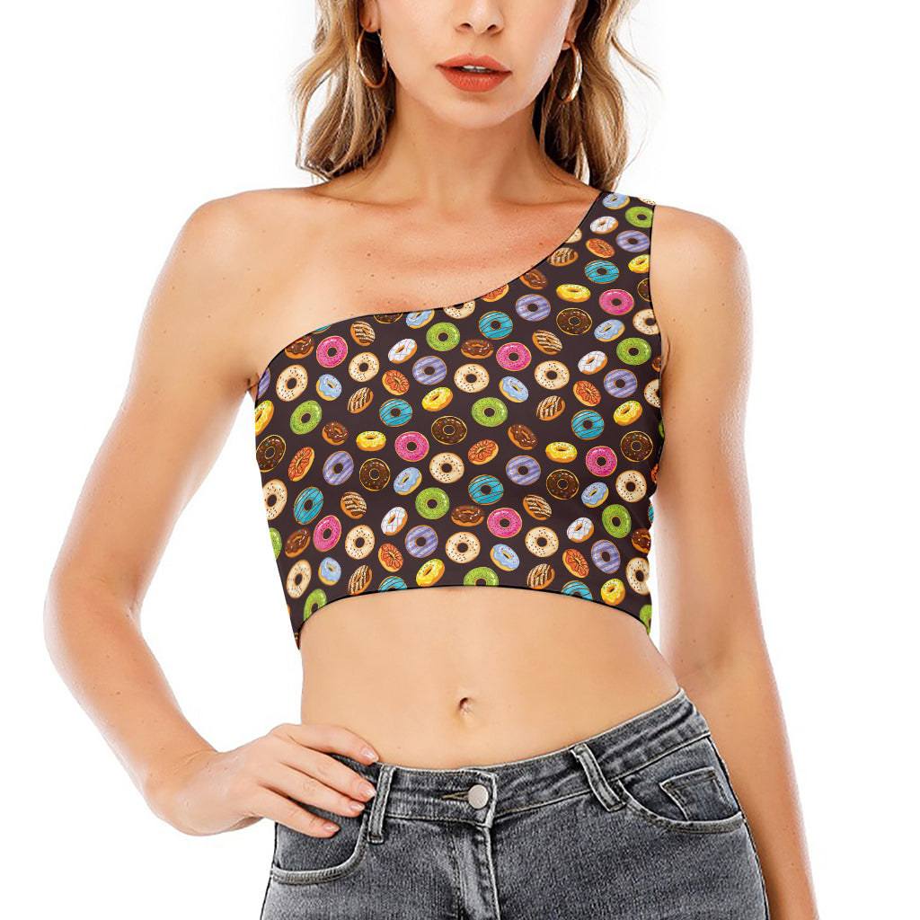 Colorful Donut Pattern Print One Shoulder Crop Top