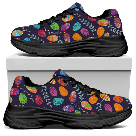 Colorful Easter Eggs Pattern Print Black Chunky Shoes