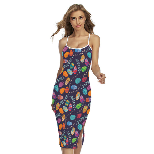 Colorful Easter Eggs Pattern Print Cross Back Cami Dress