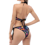 Colorful Easter Eggs Pattern Print Halter Scoop Tie Side Bikini