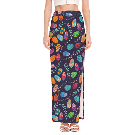 Colorful Easter Eggs Pattern Print High Slit Maxi Skirt