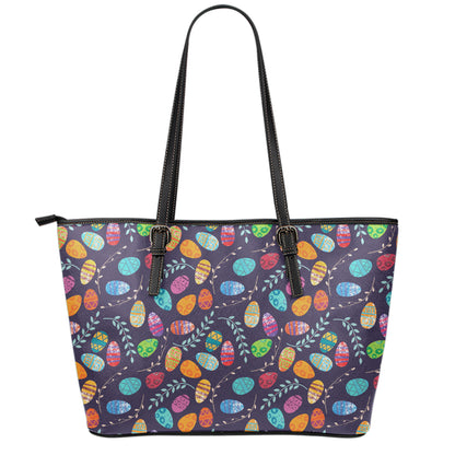 Colorful Easter Eggs Pattern Print Leather Tote Bag