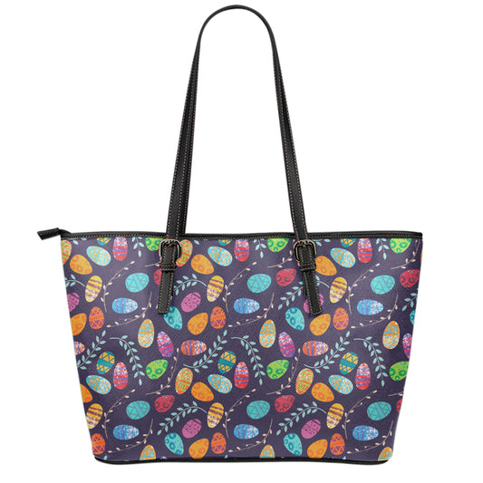 Colorful Easter Eggs Pattern Print Leather Tote Bag