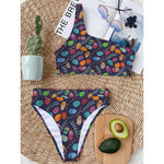Colorful Easter Eggs Pattern Print One Shoulder Bikini Top