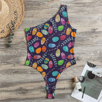 Colorful Easter Eggs Pattern Print One Shoulder Bodysuit