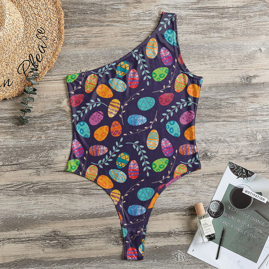 Colorful Easter Eggs Pattern Print One Shoulder Bodysuit