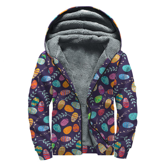 Colorful Easter Eggs Pattern Print Sherpa Lined Zip Up Hoodie