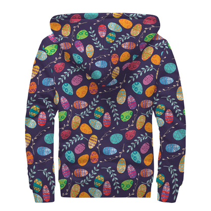 Colorful Easter Eggs Pattern Print Sherpa Lined Zip Up Hoodie