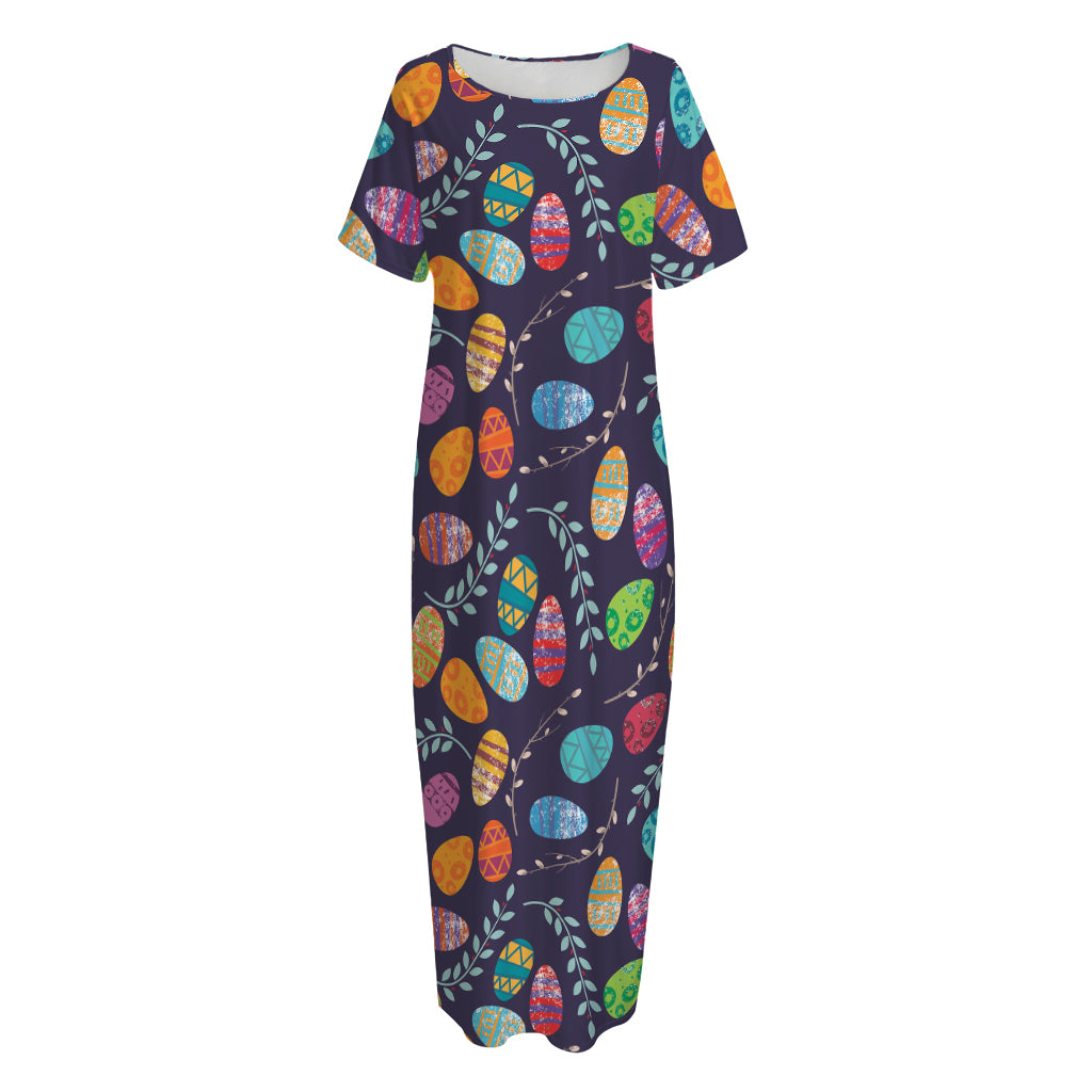 Colorful Easter Eggs Pattern Print Short Sleeve Long Nightdress