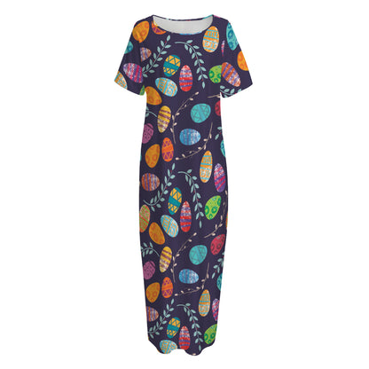 Colorful Easter Eggs Pattern Print Short Sleeve Long Nightdress