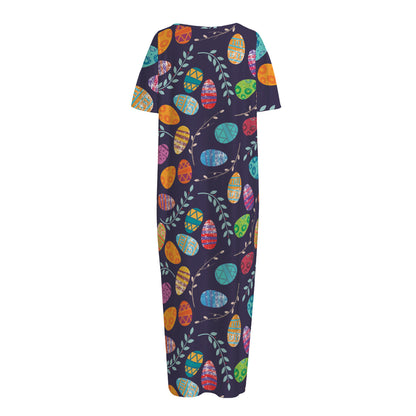 Colorful Easter Eggs Pattern Print Short Sleeve Long Nightdress