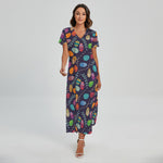 Colorful Easter Eggs Pattern Print Short Sleeve Maxi Dress