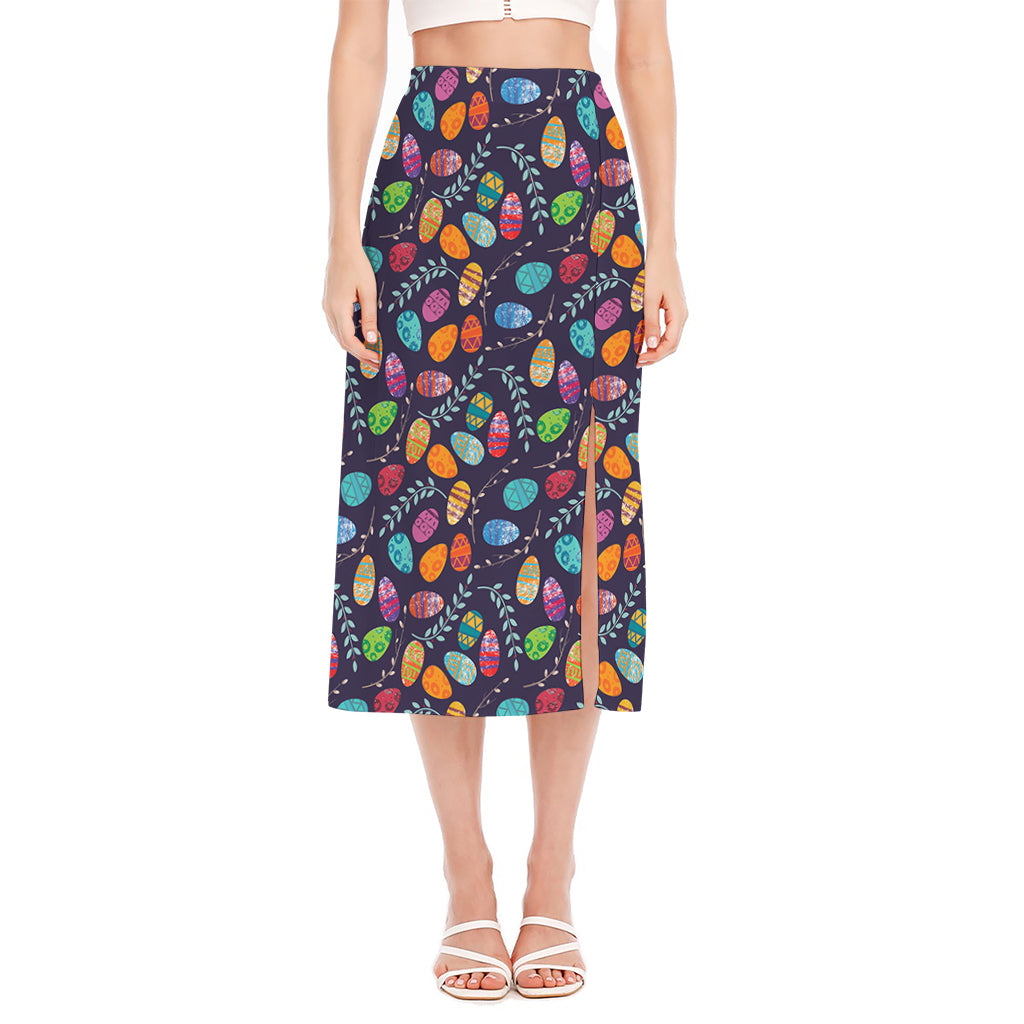 Colorful Easter Eggs Pattern Print Side Slit Midi Skirt