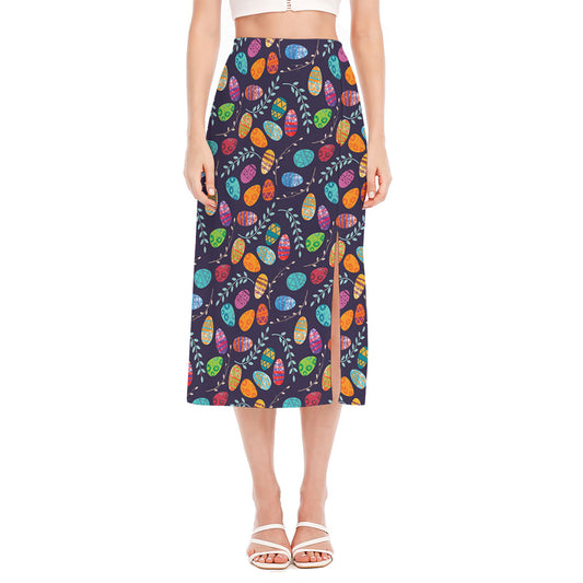 Colorful Easter Eggs Pattern Print Side Slit Midi Skirt