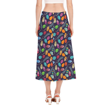 Colorful Easter Eggs Pattern Print Side Slit Midi Skirt