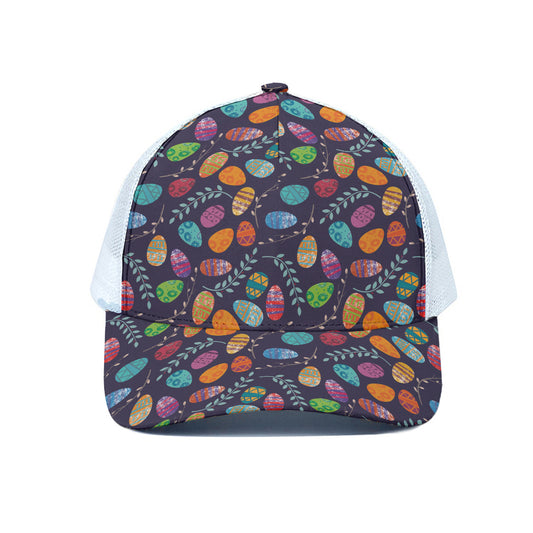 Colorful Easter Eggs Pattern Print White Mesh Trucker Cap