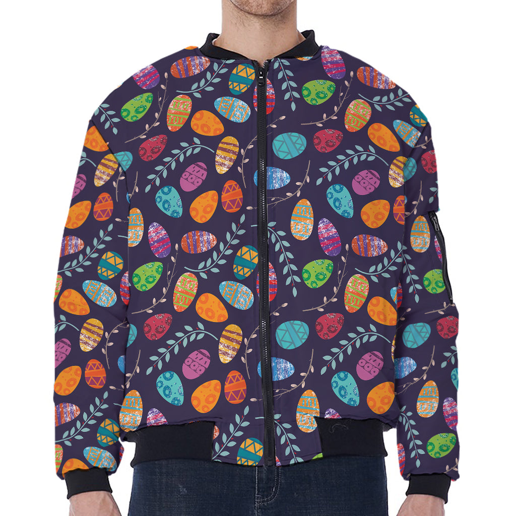 Colorful Easter Eggs Pattern Print Zip Sleeve Bomber Jacket