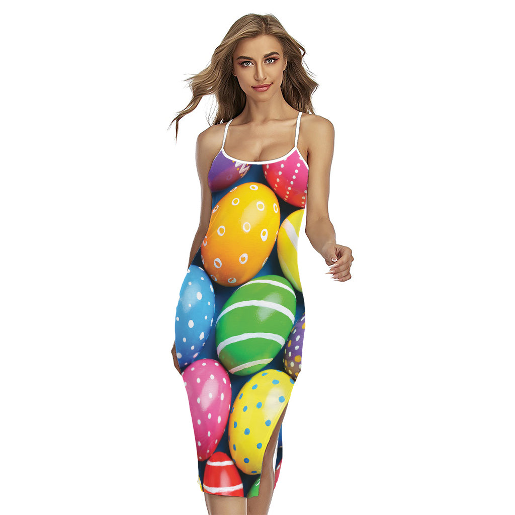 Colorful Easter Eggs Print Cross Back Cami Dress