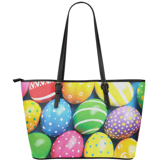 Colorful Easter Eggs Print Leather Tote Bag