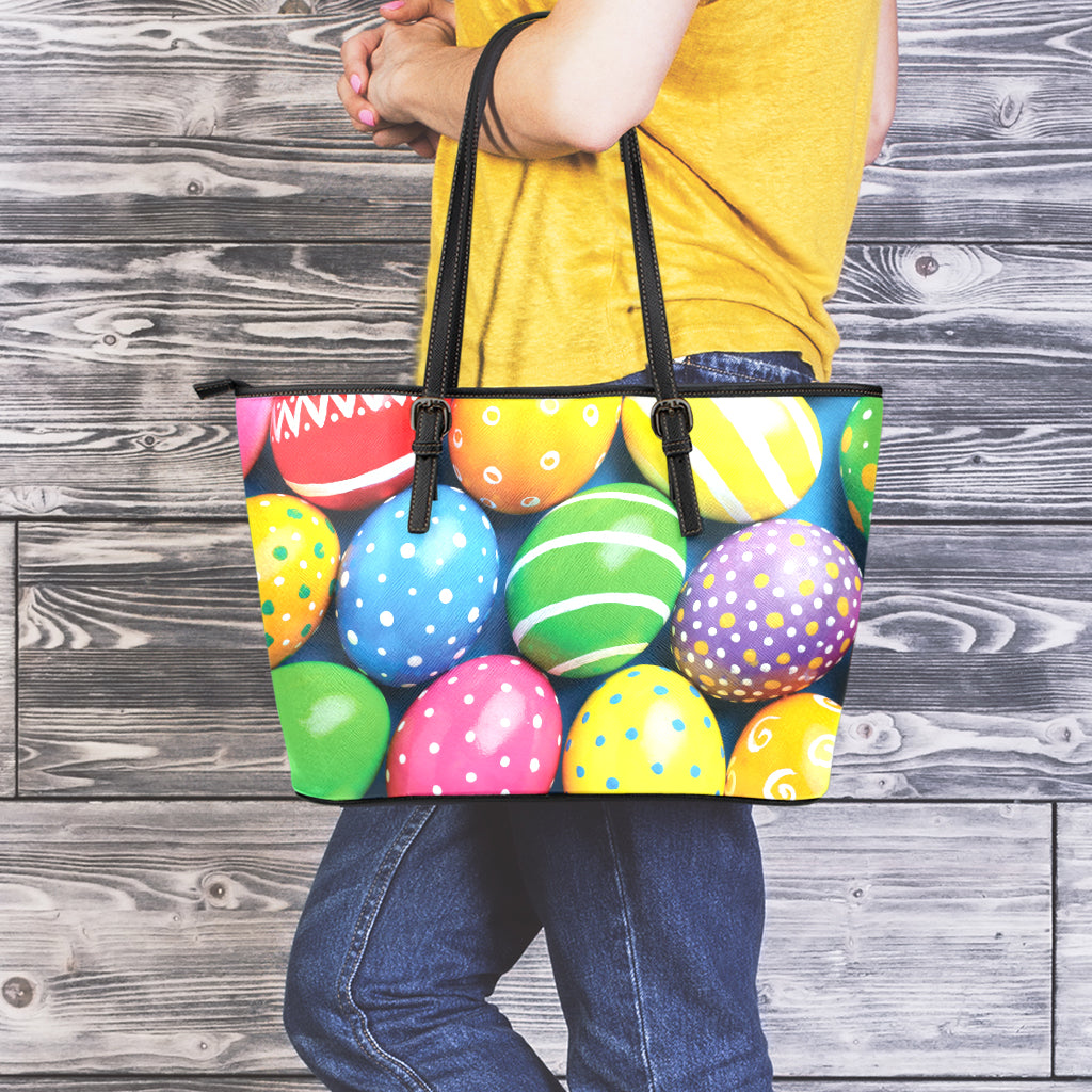 Colorful Easter Eggs Print Leather Tote Bag