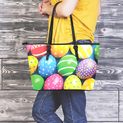 Colorful Easter Eggs Print Leather Tote Bag