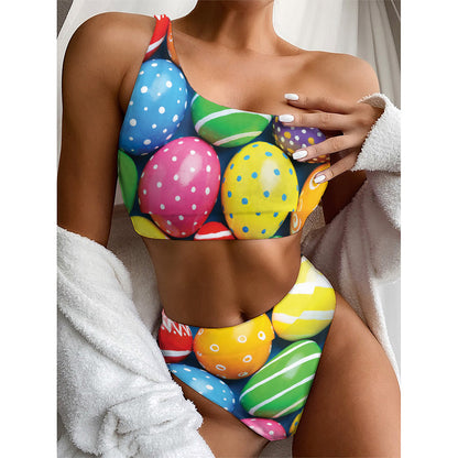 Colorful Easter Eggs Print One Shoulder Bikini Top