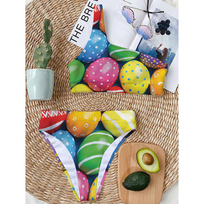 Colorful Easter Eggs Print One Shoulder Bikini Top