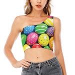 Colorful Easter Eggs Print One Shoulder Crop Top