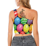 Colorful Easter Eggs Print One Shoulder Crop Top