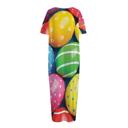 Colorful Easter Eggs Print Short Sleeve Long Nightdress