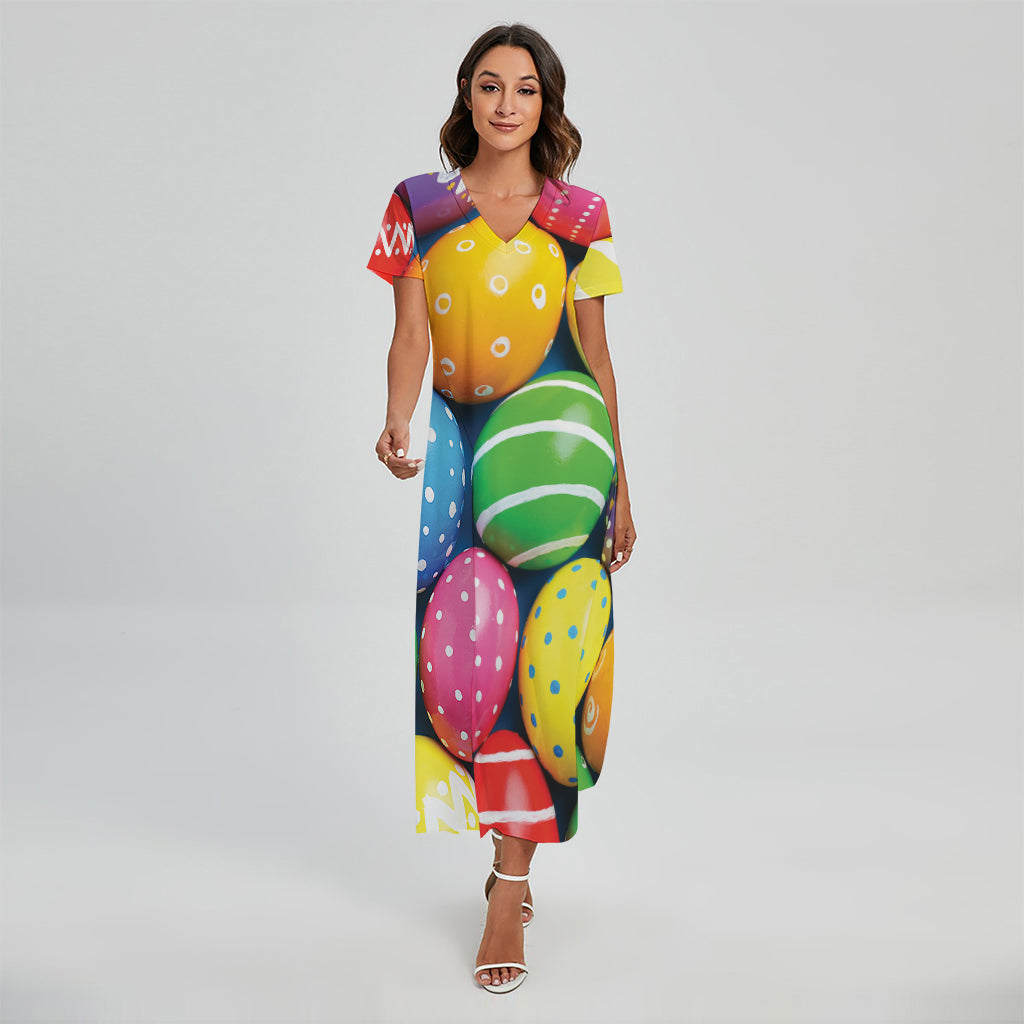 Colorful Easter Eggs Print Short Sleeve Maxi Dress