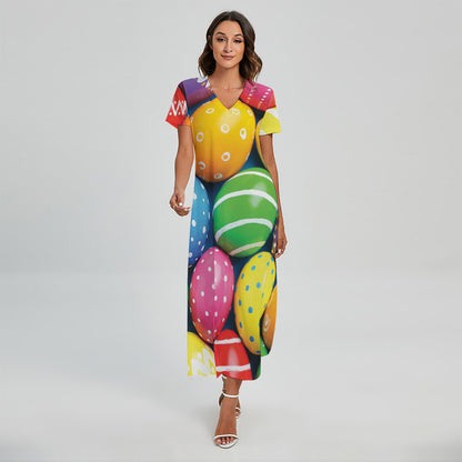 Colorful Easter Eggs Print Short Sleeve Maxi Dress