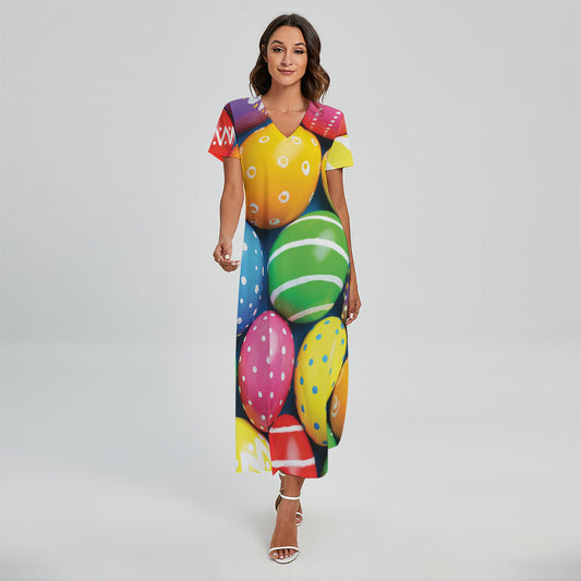 Colorful Easter Eggs Print Short Sleeve Maxi Dress