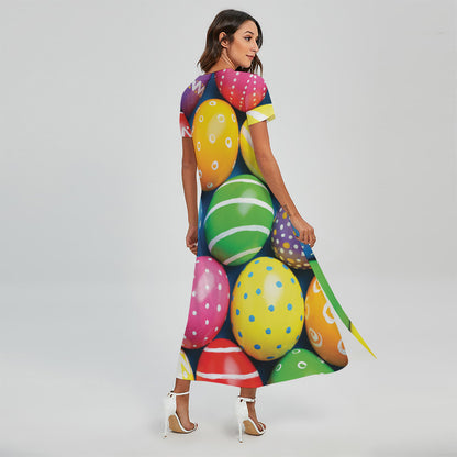 Colorful Easter Eggs Print Short Sleeve Maxi Dress