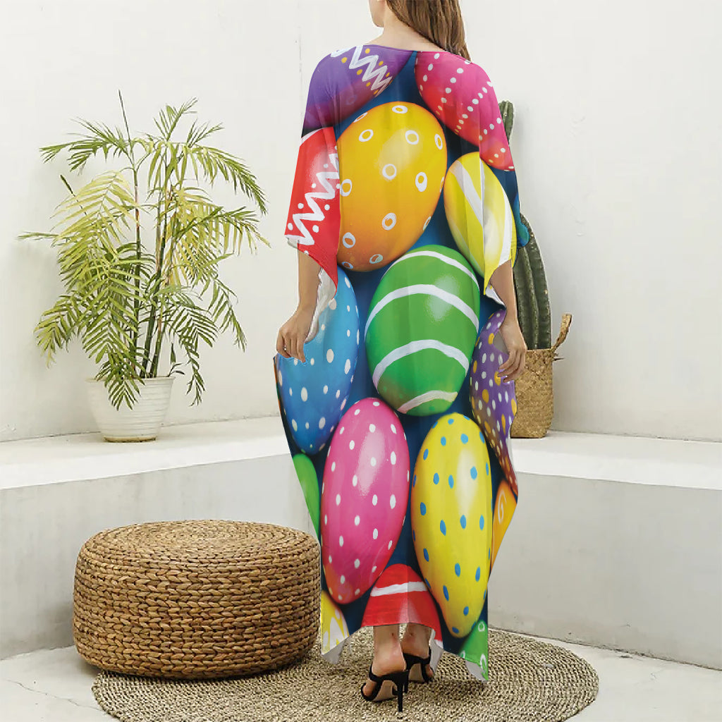 Colorful Easter Eggs Print Silk V-Neck Kaftan Dress