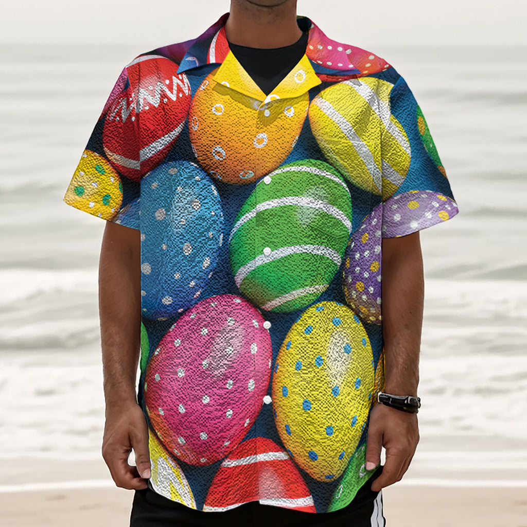 Colorful Easter Eggs Print Textured Short Sleeve Shirt