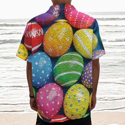 Colorful Easter Eggs Print Textured Short Sleeve Shirt