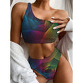 Colorful EDM Geometric Print One Shoulder Bikini Set
