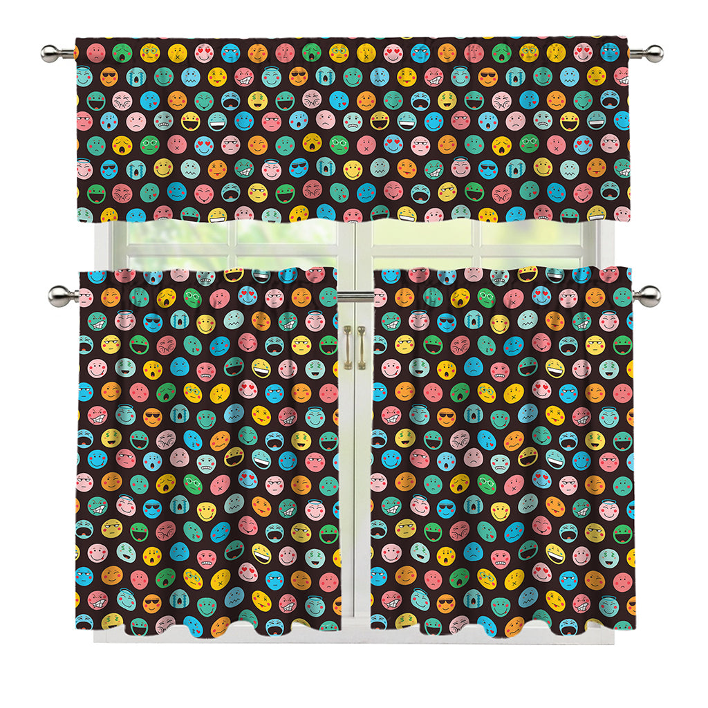 Colorful Emoji Faces Pattern Print 3 Piece Kitchen Curtains