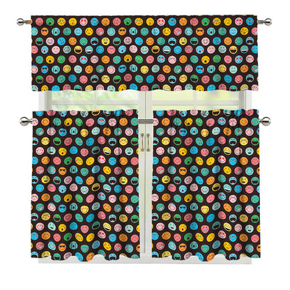 Colorful Emoji Faces Pattern Print 3 Piece Kitchen Curtains