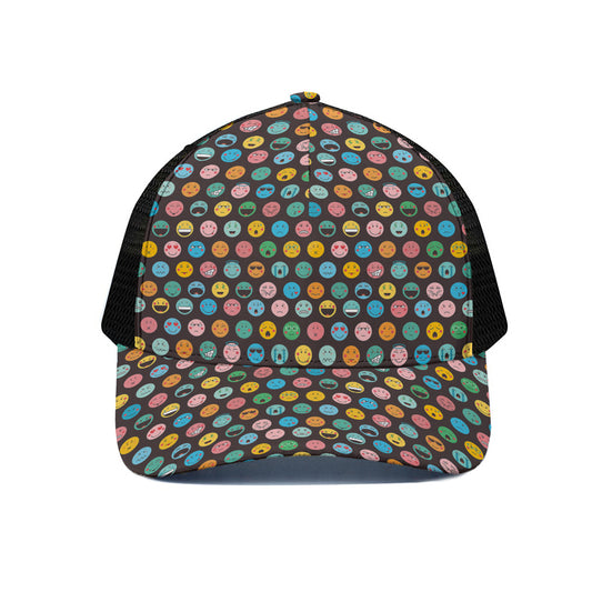 Colorful Emoji Faces Pattern Print Black Mesh Trucker Cap